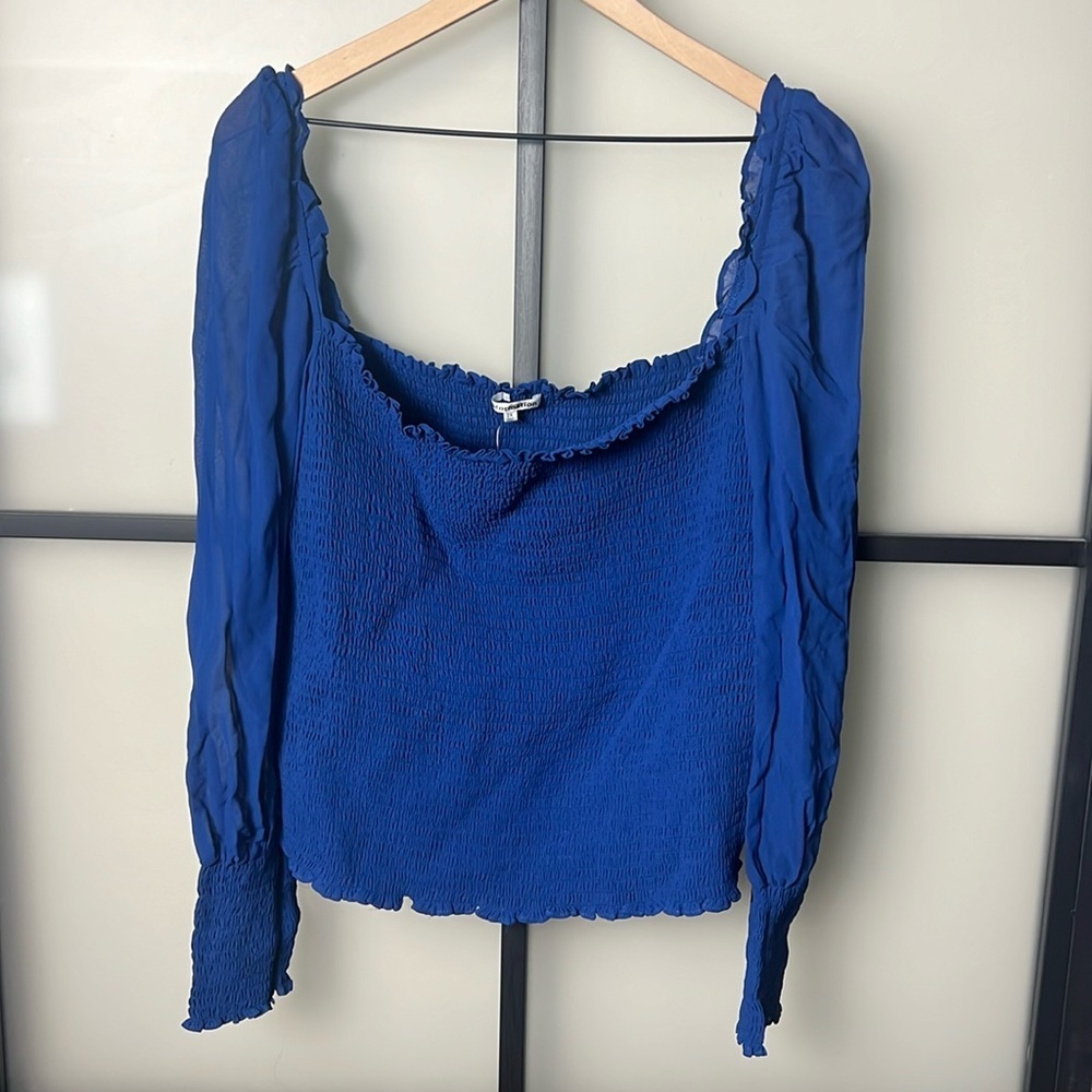Reformation Royal Blue Smocked Long Sleeve Blouse